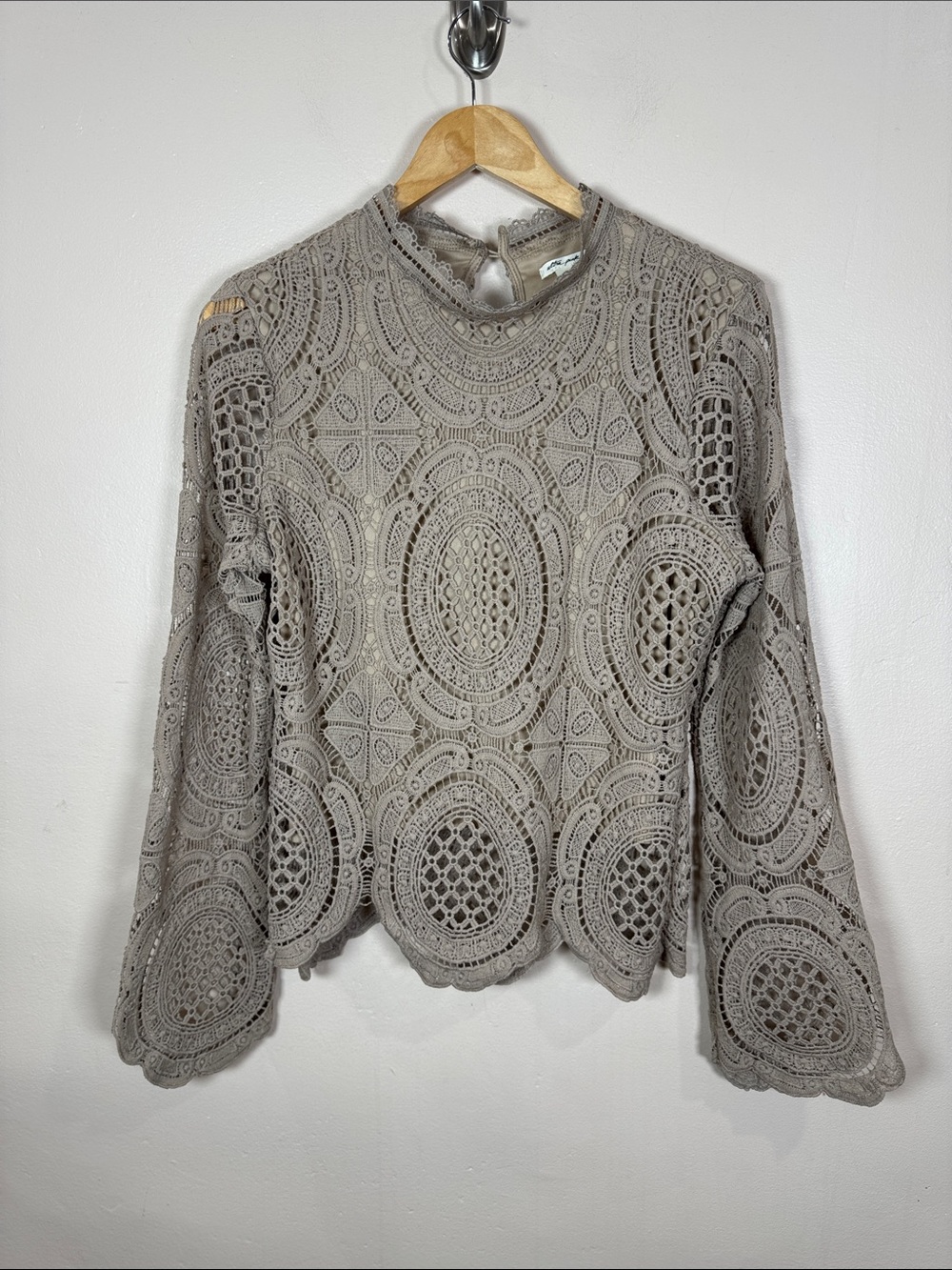 Lace Crochet High-Neck Long Flare Sleeve Top L Boho Hippie Festival